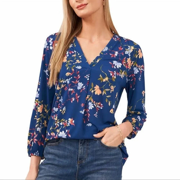 Two by Vince Camuto Ladies' V-Neck long sleeve Floral Blue Stretch Top Medium - Picture 1 of 8